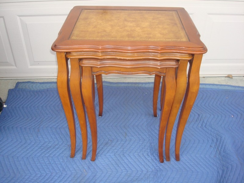 FRENCH PROVINCIAL NESTING STOCK TABLES LEATHER TOP