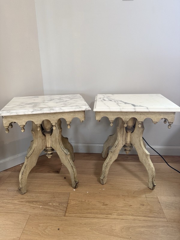 Two Antique Italian Wood Carved Marble Too Bedside Nightstand Tables