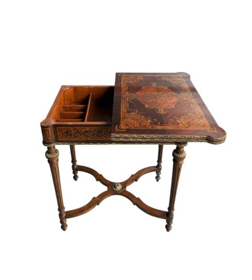 19th-Century French Louis XVI-Style Marquetry Game Table with Brass Ormolu Trim gallery