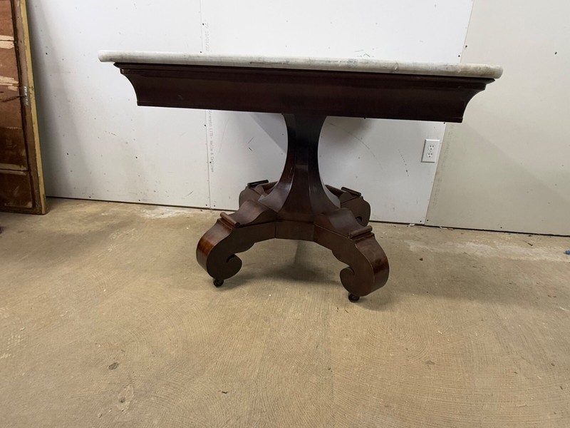 Antique classical empire flame mahogany marble top center table Meeks NY 1830 gallery