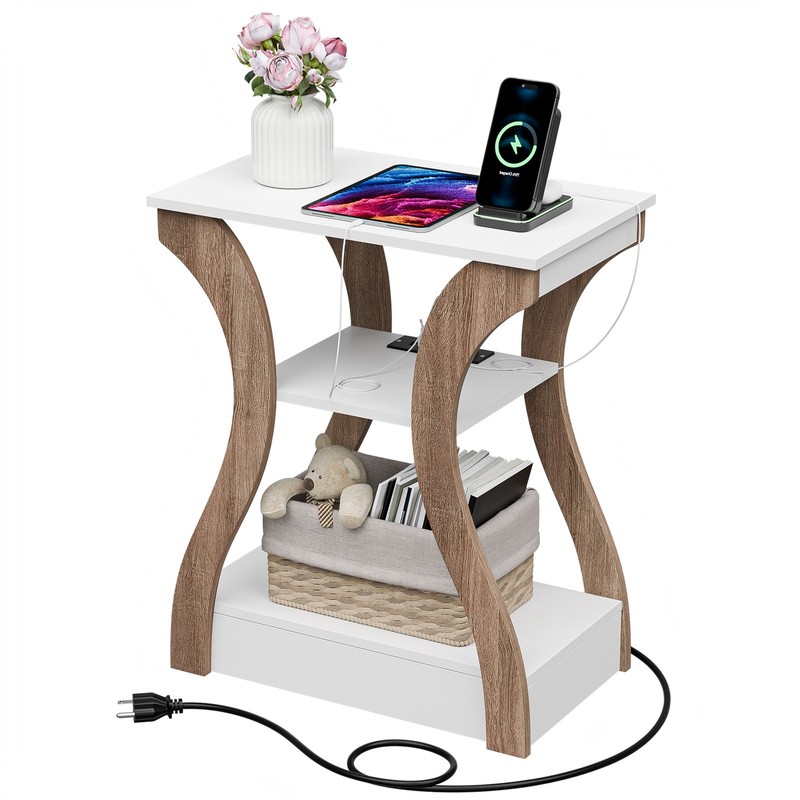 End Side Table with USB Ports Wood&White Nightstand for Bedroom Living Room