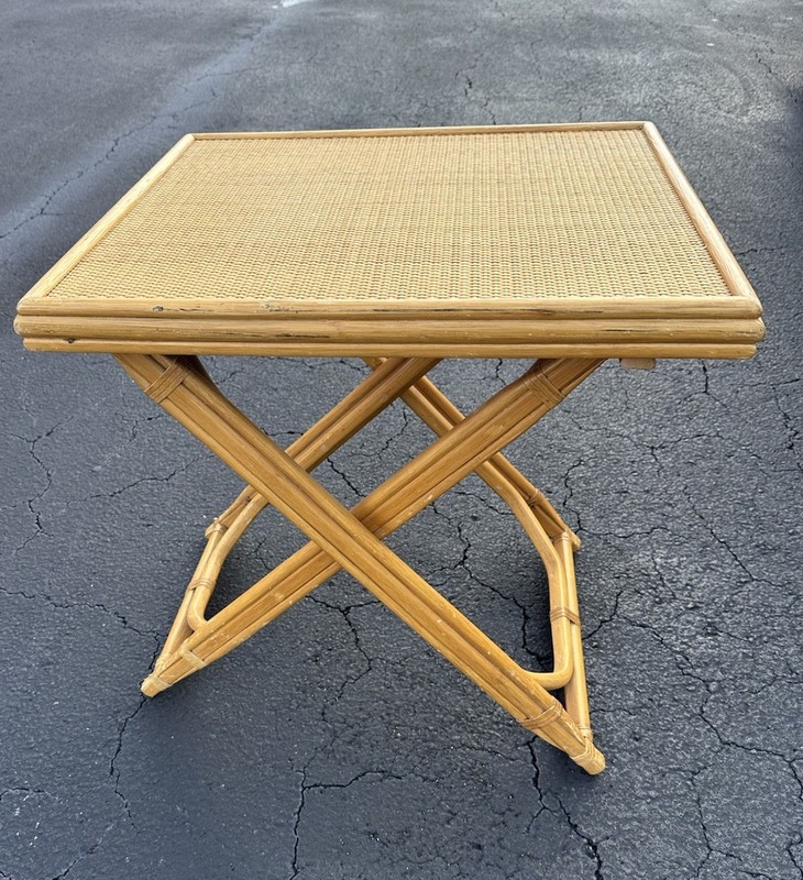 Vintage Rattan Bamboo Folding Side/Serving Table- X-Base- Herringbone- MCM