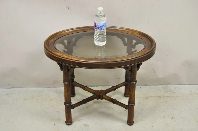 Vintage Chinese Chippendale Faux Bamboo Oval Small Glass Top Side End Table Pair gallery
