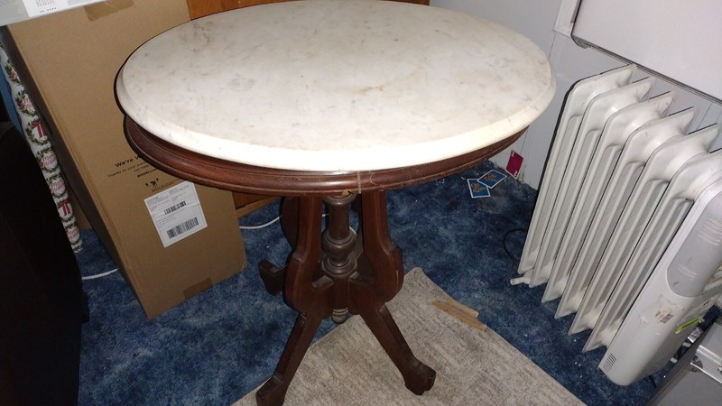 Victorian Carved Walnut and Marble Parlor Table.