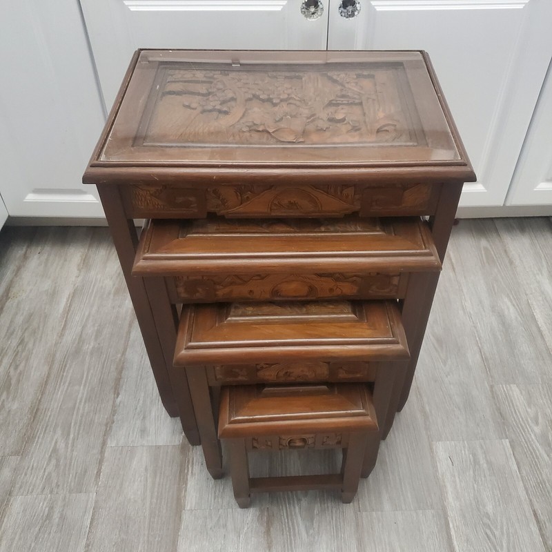 Vintage 1960s Asian Carved Nesting Tables Side Coffee Decor Table Set of 4
