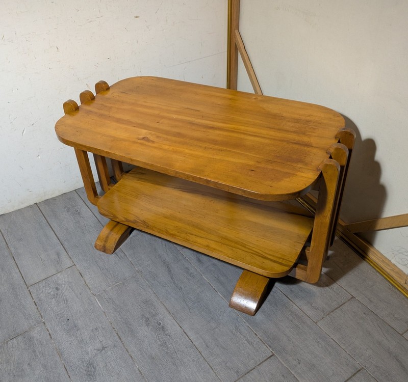 Antique 1930s Art Deco Streamline Moderne Waterfall Blonde Wood Coffee Table B33 gallery