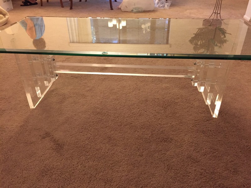 1 Mid Century Modern Lucite base glass top coffee table & 2 matching end tables gallery