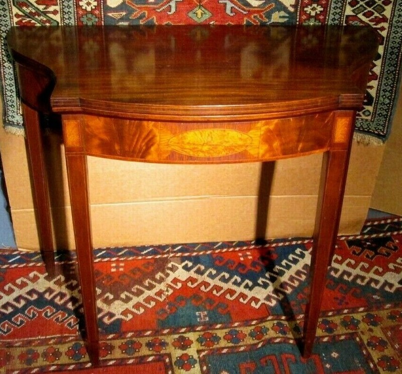 ANTIQUE AMERICAN FEDERAL CARD TABLE W/FIGURED PANELS UNUSUAL FORM CIRCA 1800 gallery