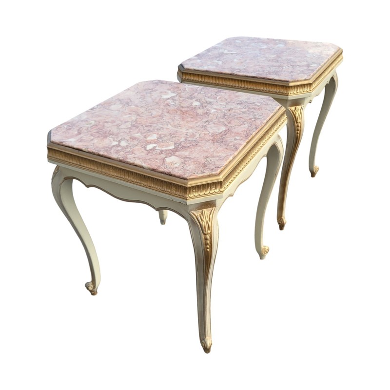 Pair Italian Marble Top Side Tables Hand Painted Fruitwood Living Room Accent