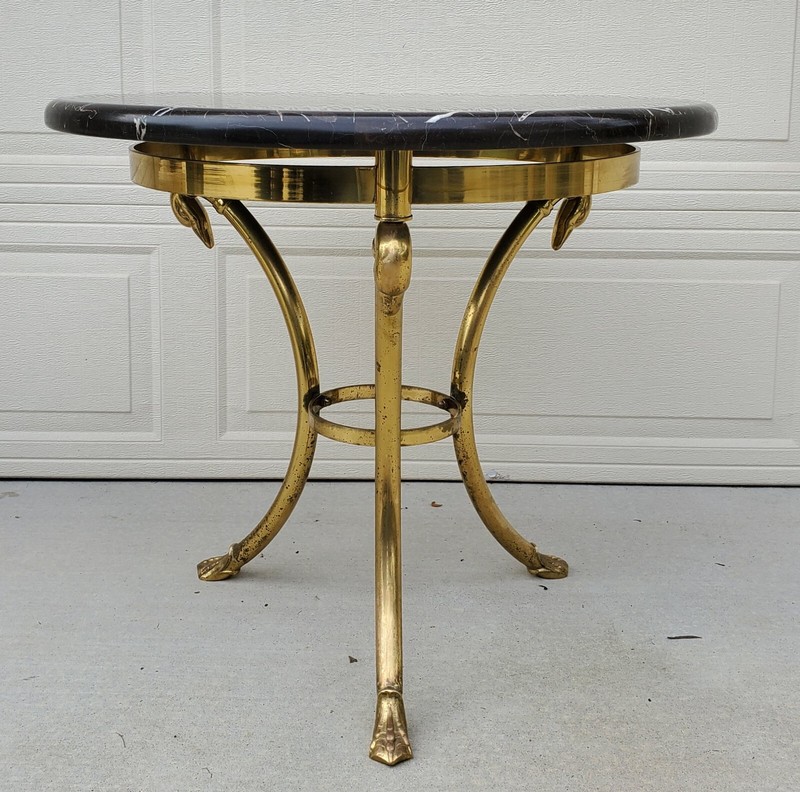 Mid Century Modern Custom Marble Top Brass Swan Neck 30" Table Hollywood Regency gallery