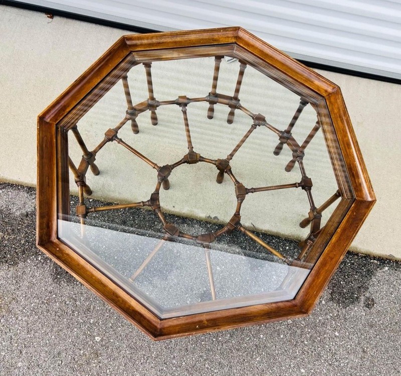 Vintage RARE Octagonal Coffee Table With Sunken Glass Top Dark Wood Spindle Legs gallery