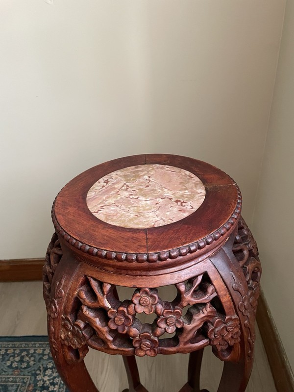 Vintage Chinese Rosewood With Marble Top Plant Stand Side Table Pedestal Carved gallery