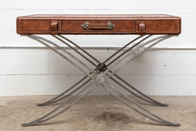 Vintage Leather Luggage Form Accent Table With Spayed Iron Base gallery