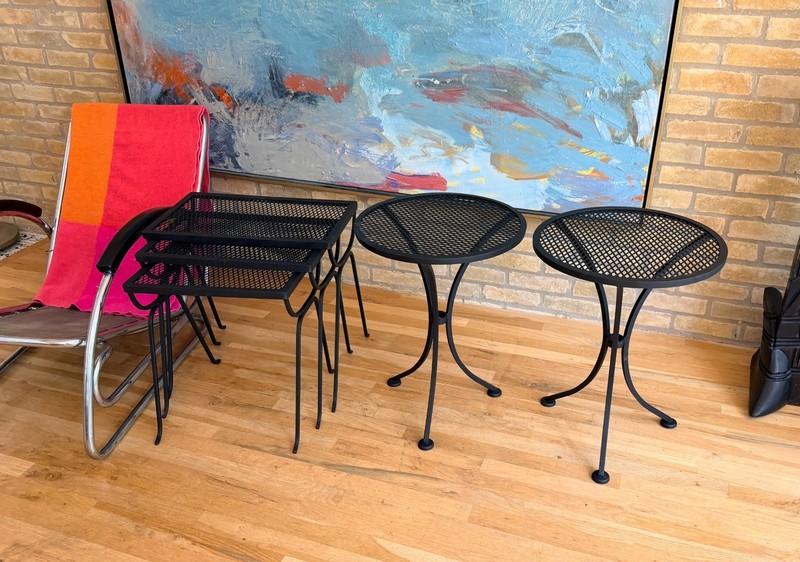 2 Salterini Tempestini Wrought Iron Outdoor Patio Tripod Side End Table Vtg Mcm gallery