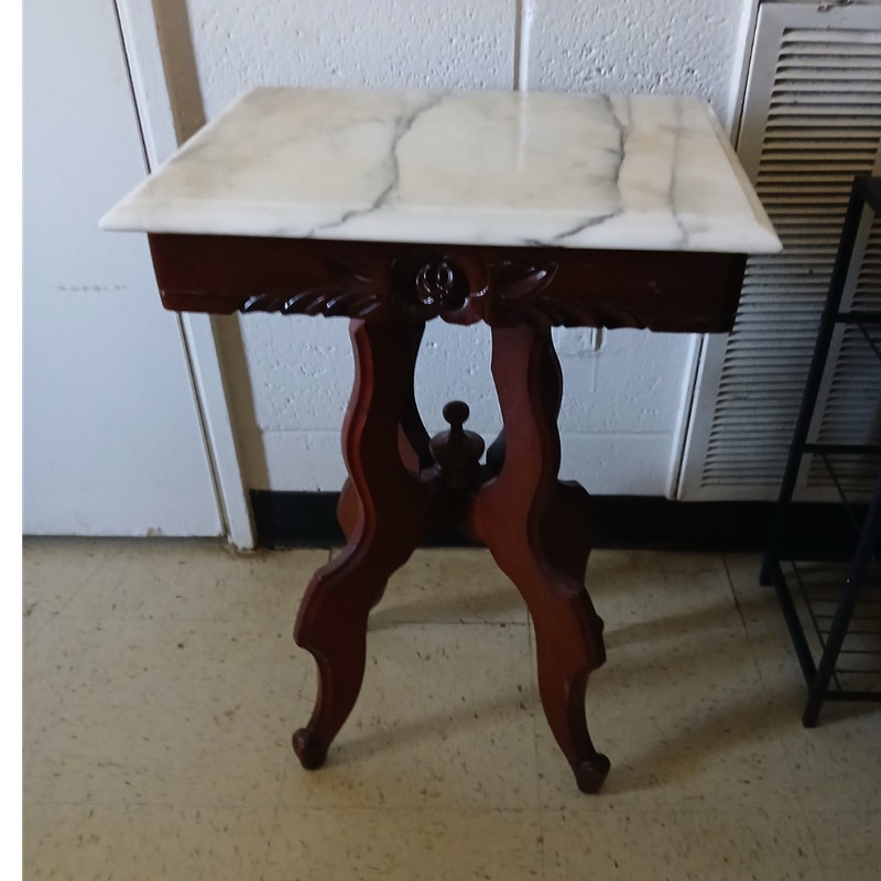 Victorian Antique Marble Top Accent Table with Carved Wood Base