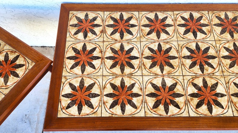 MCM Danish Teak & Tile Coffee & Side Tables 1960s Set of 3 gallery