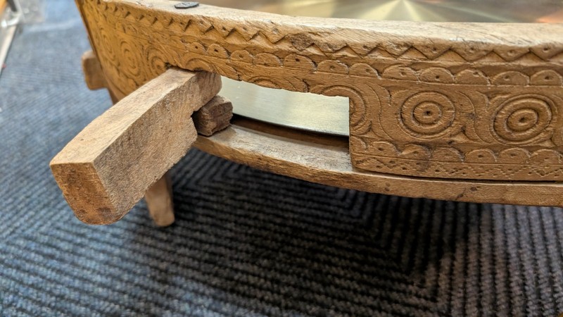 Tribal Indian Teak Chakki Grinding Table with Geometric Motifs and Glass top gallery