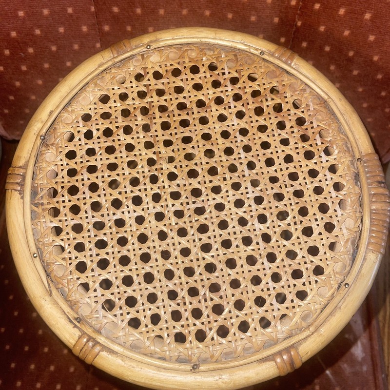 Vintage MCM Round Rattan Wicker Bamboo Cane Side Table Plant Stand Stool 10” gallery
