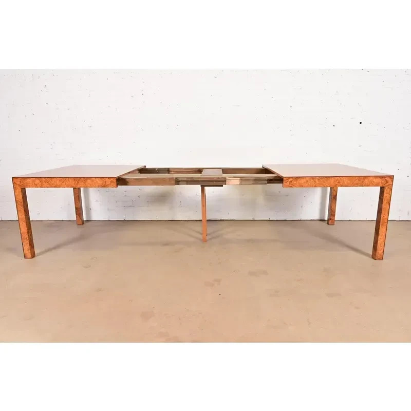 Milo Baughman Style Burl Wood Parsons Extension Dining Table, Newly Refinished gallery
