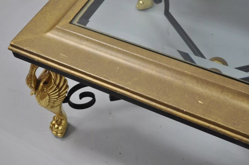 Regency Style Figural Swan Base Rectangular Iron and Glass Gold Coffee Table (A) gallery