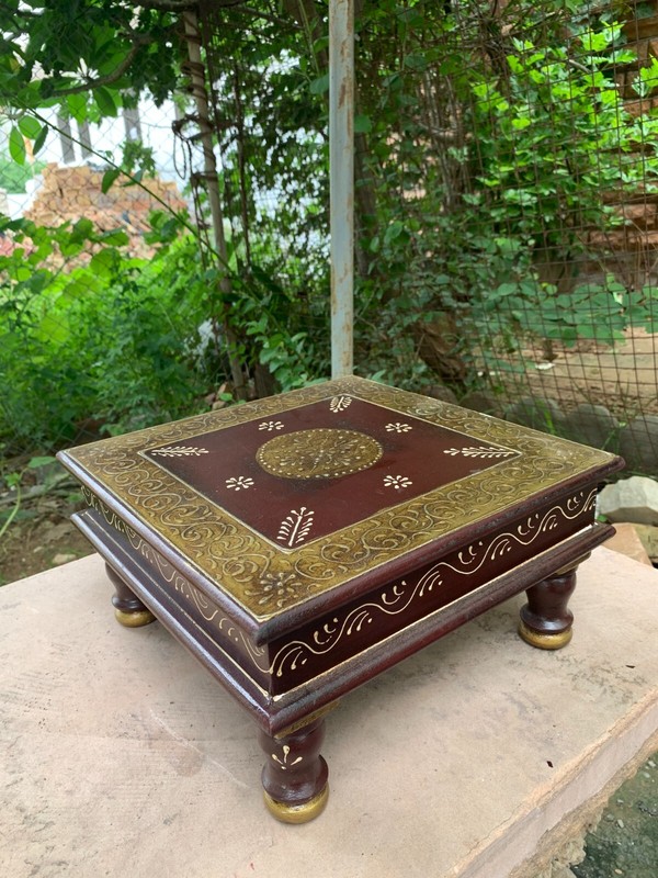 Indian Crafted Wooden Bajot Handmade Chowki Traditional Pooja Stool Home Decor