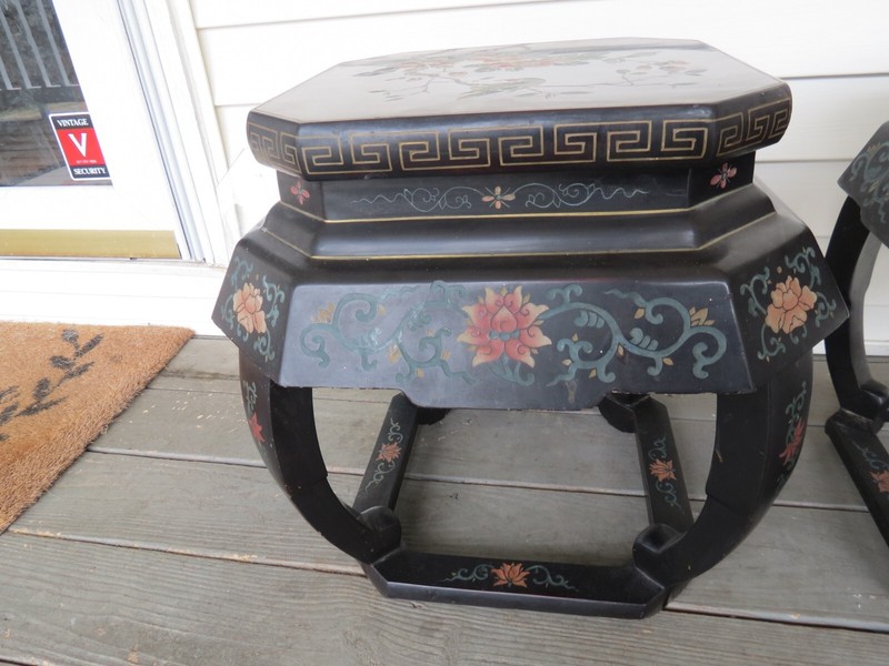 Pair Of Vintage Oriental Asian Hand Painted & Lacquered Bird & Flower Tables gallery