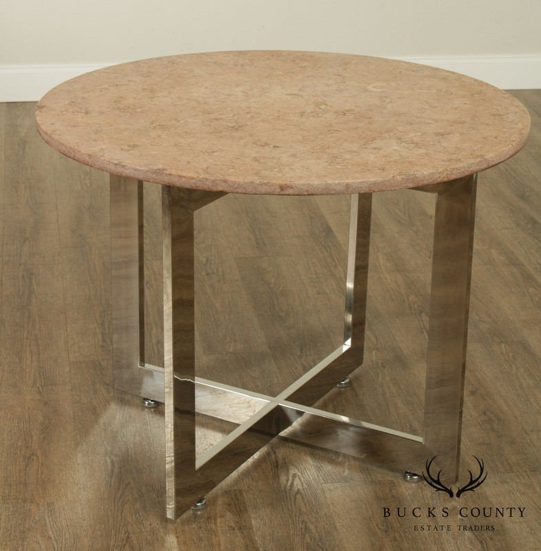 Mid Century Modern Chrome Base 36" Round Marble Top Side Table gallery