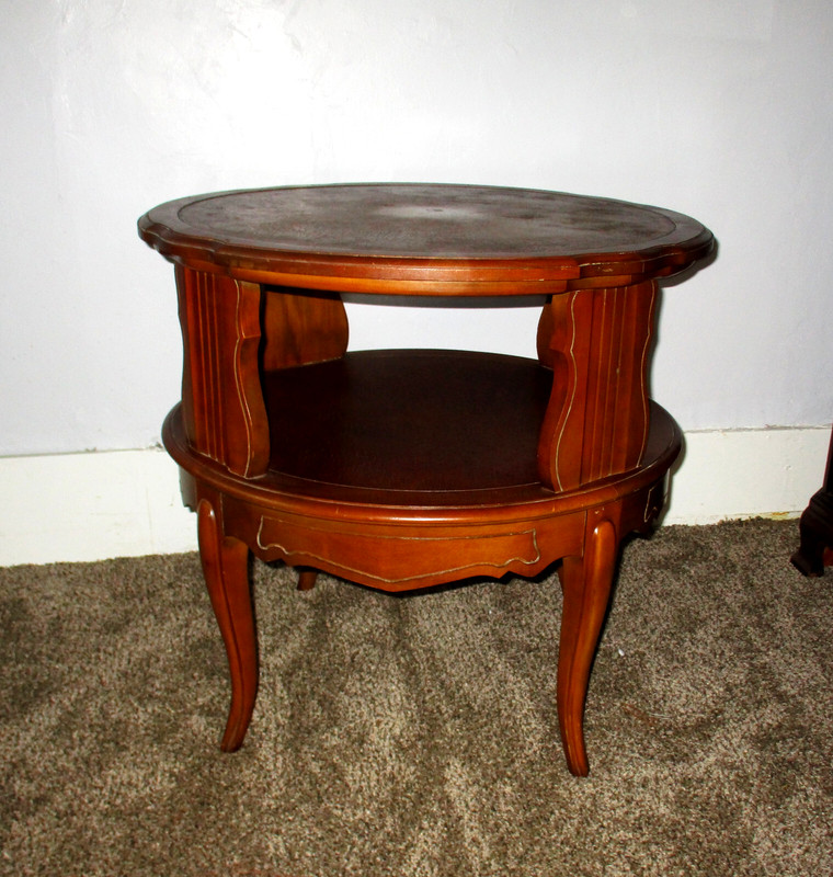 1940s French Provincial Walnut Two Tier Leather Top Accent Table