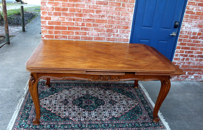 French Antique Louis XV Oak Dining Table | Carved Floral Apron & Parquet Top gallery