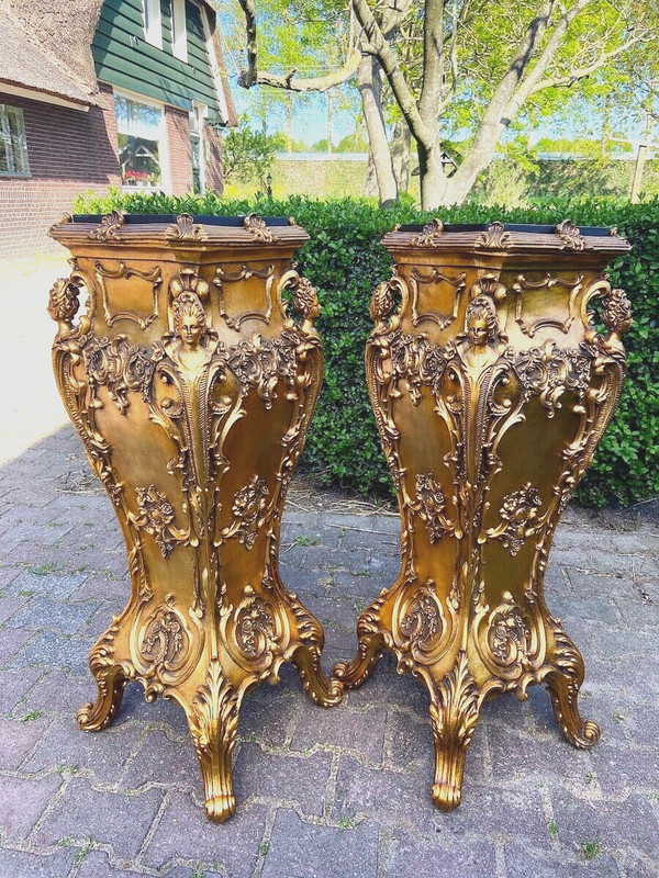 Pedestals Pair Italian Baroque Gold Finish Ornate Display Columns Vintage Decor