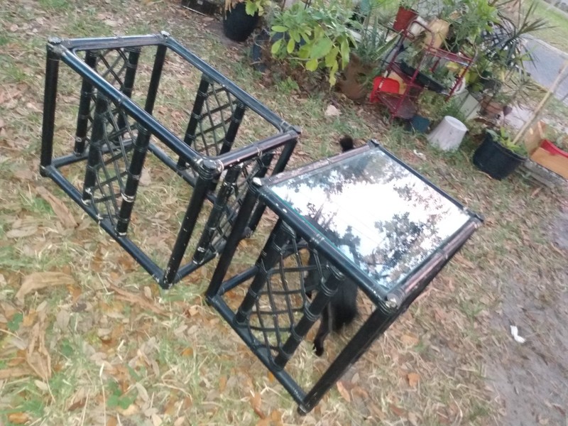 Pair Of Vintage MCM Black Bamboo Regency Glass Top End Tables Rattan