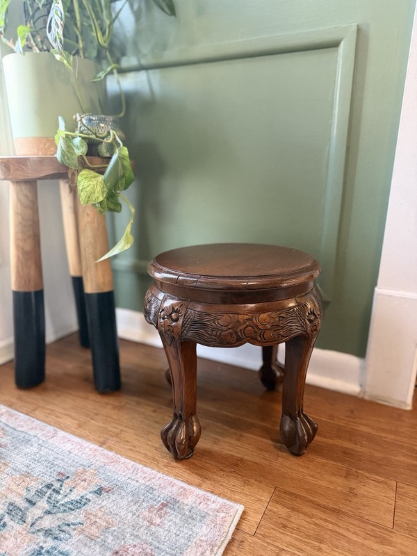 Vintage Asian Dragon Carved Lion Foot Wood Side Table Plant Stand 12.75” Tall