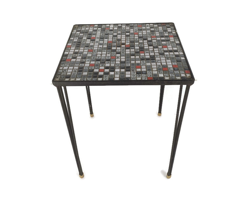 Vintage Side Table Plant stand Ceramic Mosaic Tiles Wrought Iron Hairpin Legs
