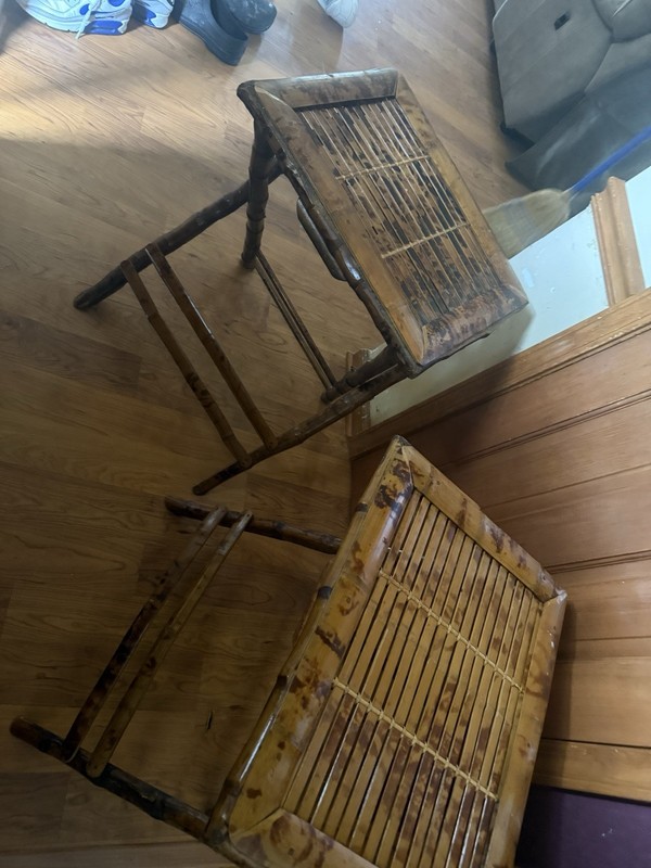 VINTAGE MID CENTURY MODERN BURNED TORTOISE SHELL FOLDING BAMBOO TRAY TABLE gallery