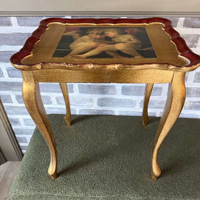 Vintage Italian Florentine Side Table Angels Red Gold Gilded Neiman Marcus Rare