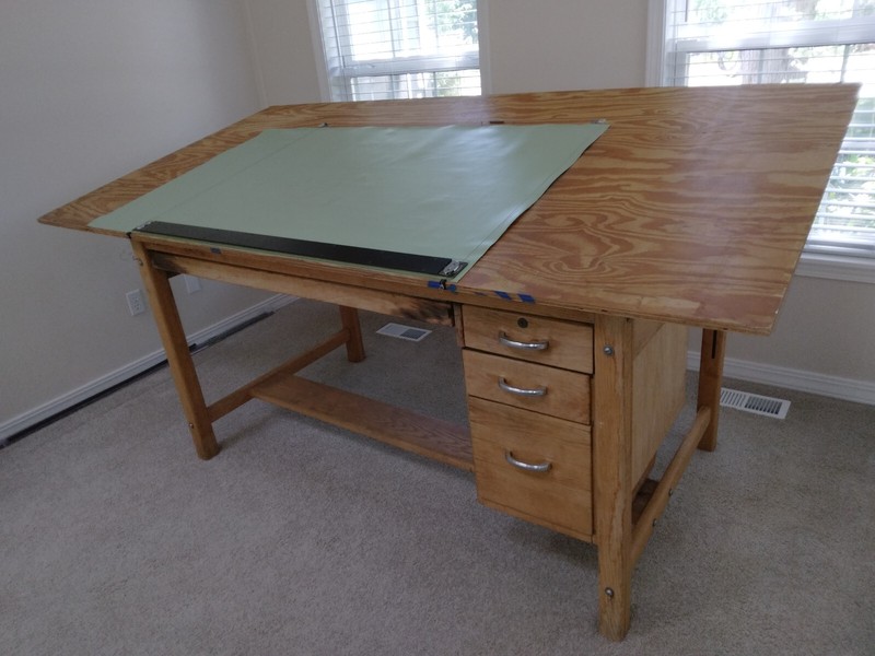 Vintage 'Mayline' 4-Post Oak Drafting/Drawing/Craft Table with 4 drawers gallery
