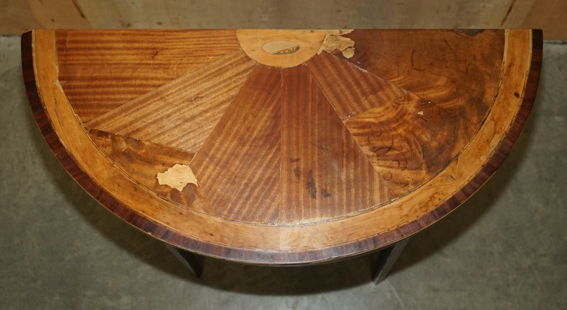 ORIGINAL DISTRESSED ANTIQUE GEORGIAN SHERATON DEMI LUNE CARVED TABLE LEATHER TOP gallery