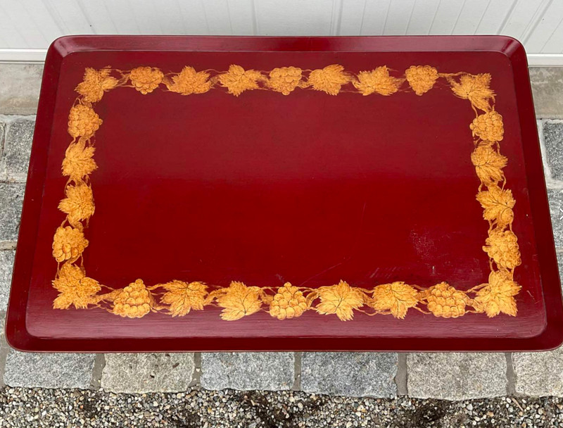 Hand Painted Red Tole Tray Top and Iron Base Coffee Table gallery