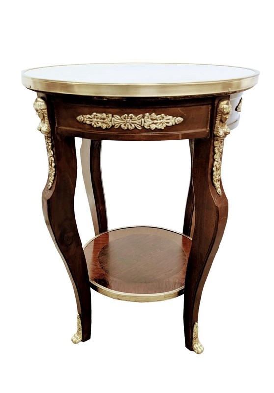 Vintage French Louis XVI-style Round Side Table with Beige Marble Top