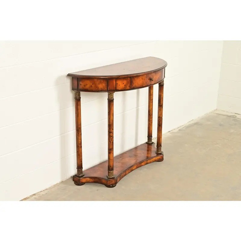 Maitland Smith Style French Empire Burl Wood & Gold Gilt Demilune Console Table gallery