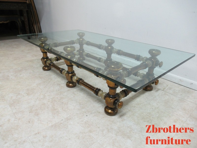 Large Vintage Italian Regency Bobbin Glass Top Gild Gilt Coffee Table gallery