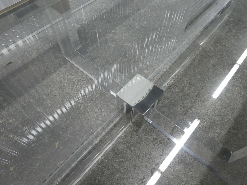 SUPERB STAINLESS STEEL , BRASS AND LUCITE RECTANGULAR COFFEE TABLE gallery