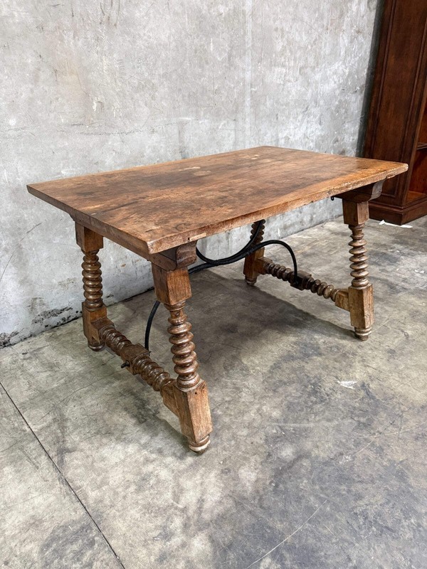19th Century Spanish Walnut Center Table with Iron Stretcher Support Turned Legs gallery