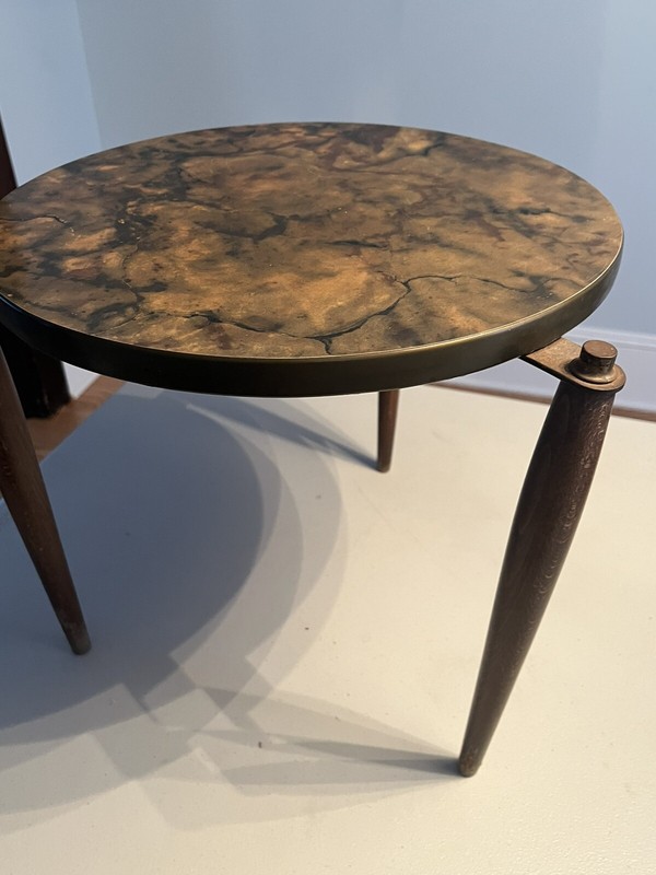 Mid century faux marble spider accent table. 15 1/2” diameter. 15” tall. gallery