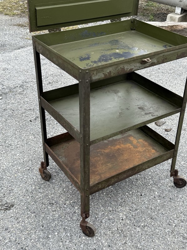 vintage industrial steam punk rolling metal work table cart green paint warehous gallery
