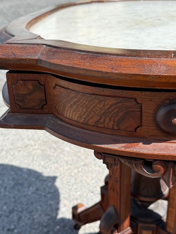 Antique Carved victorian walnut & rosewood marble top parlor center table stand gallery