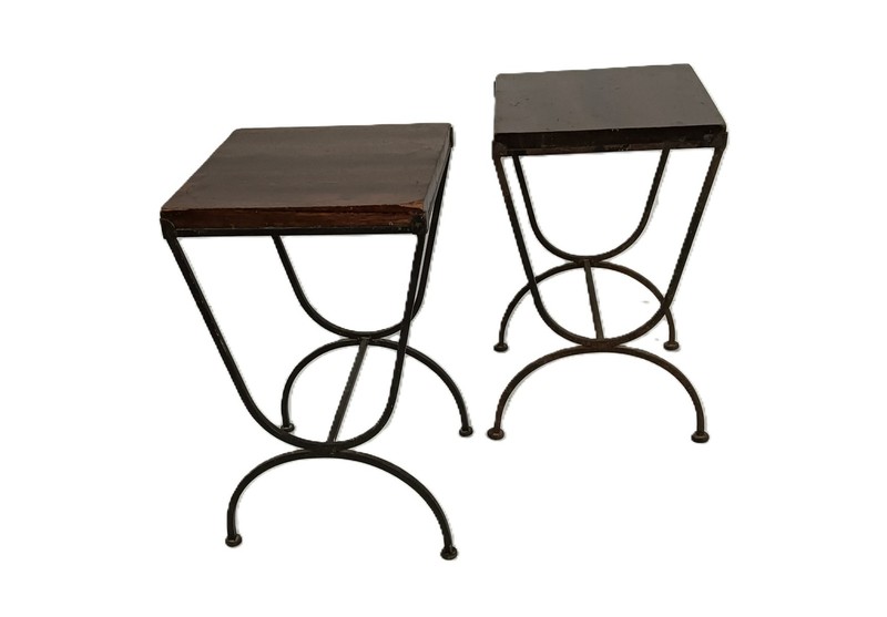 Vintage Wrought Iron and Wood Small Side Tables (Pair)