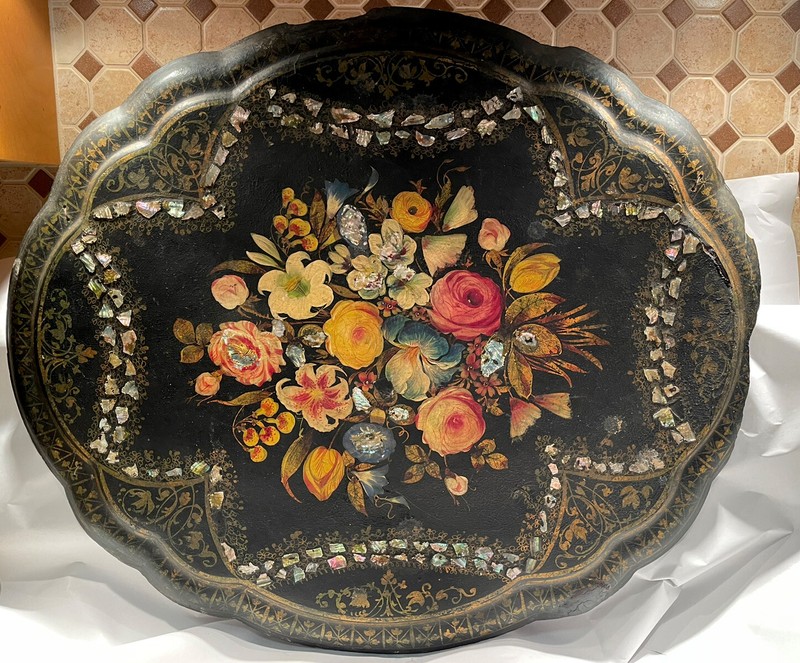 Rare Antique English Victorian Tilt Table Top- Paper Mache & Pearl gallery