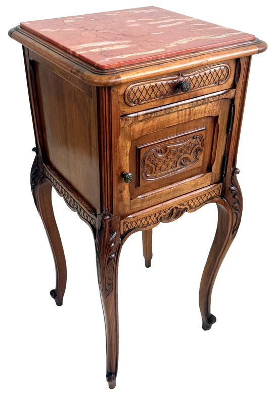 19th-C Louis XV French Style Carved Walnut Marble Top Bed / Side Table