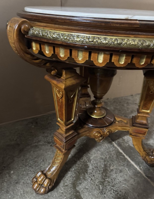 RENAISSANCE RARE ICISED MARBLE TOP WALNUT TABLE, ATTR. HERTER gallery